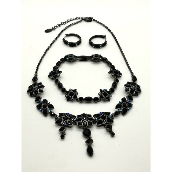 Vida Jewels Jewelry - Black Glass Necklace Set Blue Aurora Borealis Crystals Earrings Bracelet Gothic
